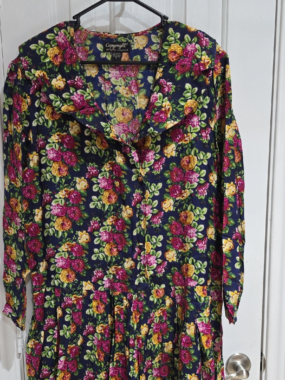 Copyrigth Vintage 80's Floral Navy Dress with Pink & Yellow Roses Size L
